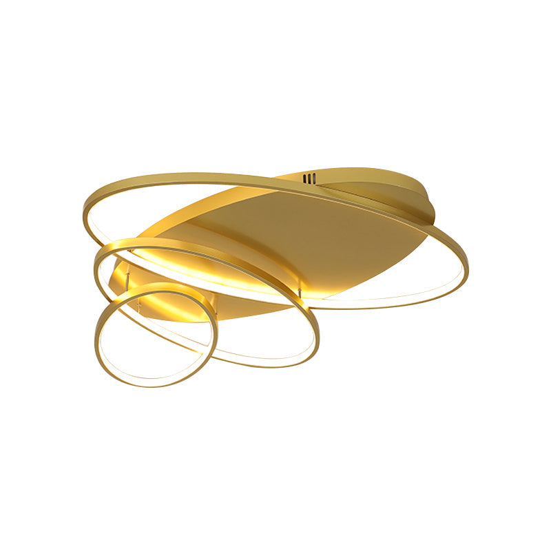 Contemporary LED Ceiling Flush Mount Lamp with Intersected Oval Design, Black/White/Gold Finish and Acrylic Shade – Warm/White Light