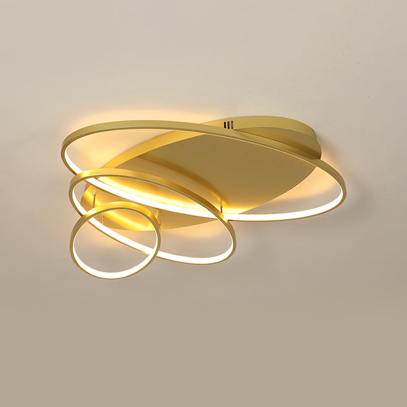 Contemporary LED Ceiling Flush Mount Lamp with Intersected Oval Design, Black/White/Gold Finish and Acrylic Shade – Warm/White Light