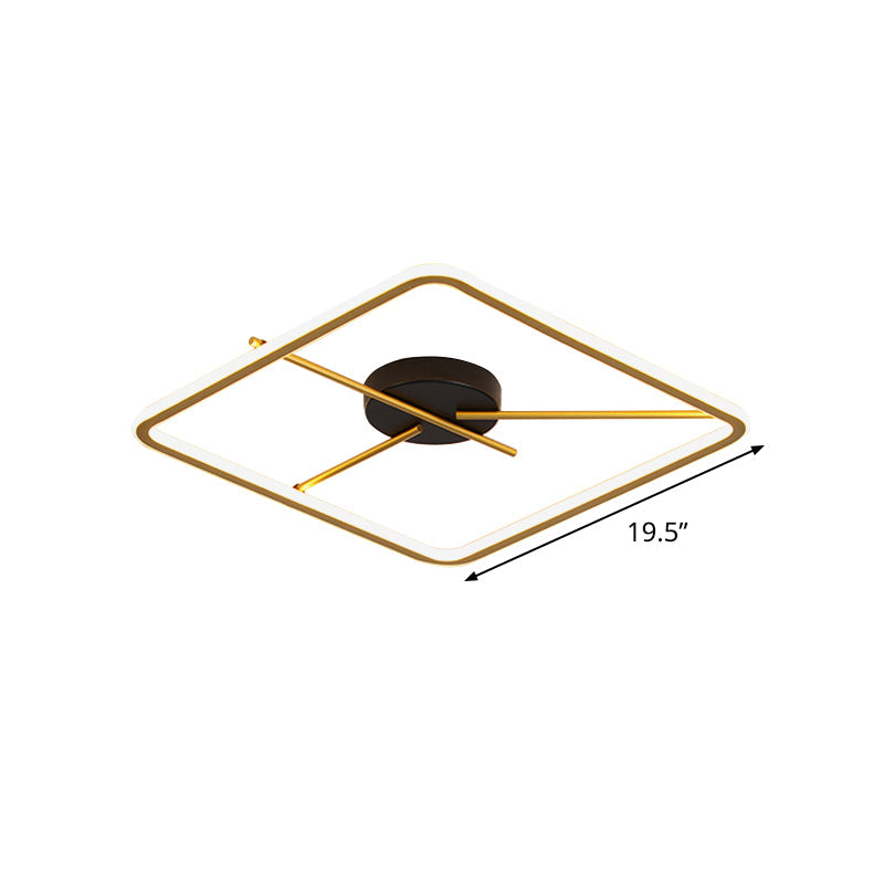 Minimalist Aluminum Flush Mount Ceiling Light with Square Black-Gold Frame and Rod Fixture Arm - Warm/White LED