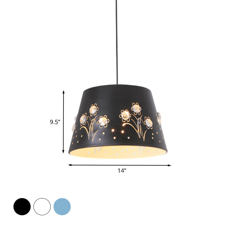 Nordic Tapered Hollowed Out Iron Pendant - 1-Head Hanging Ceiling Light With Crystal Accent