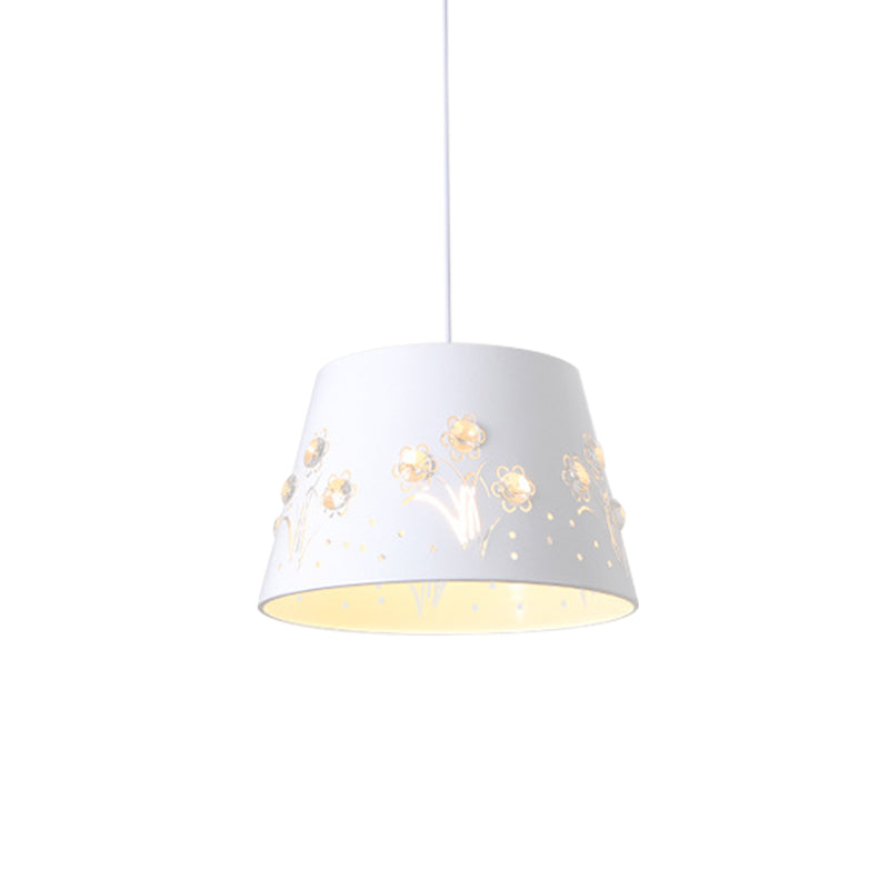 Nordic Tapered Hollowed Out Iron Pendant - 1-Head Hanging Ceiling Light With Crystal Accent