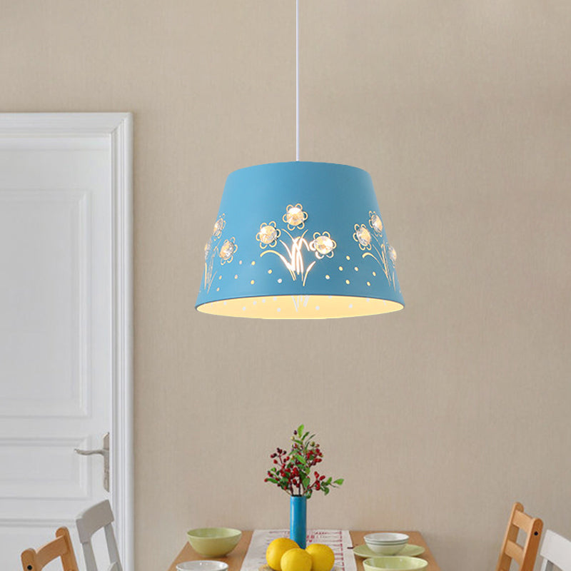 Nordic Tapered Hollowed Out Iron Pendant - 1-Head Hanging Ceiling Light With Crystal Accent
