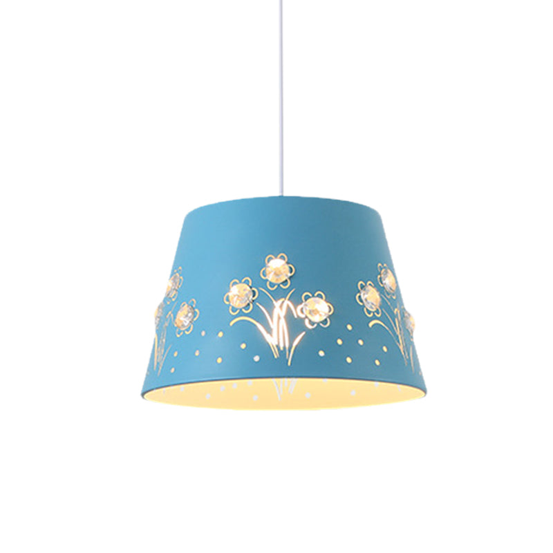 Nordic Tapered Hollowed Out Iron Pendant - 1-Head Hanging Ceiling Light With Crystal Accent