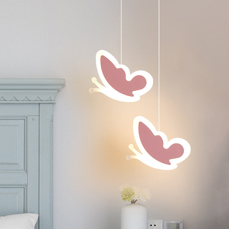 Childrens Led Pendant Light: White/Pink Flower Heart Butterfly Design With Acrylic Shade