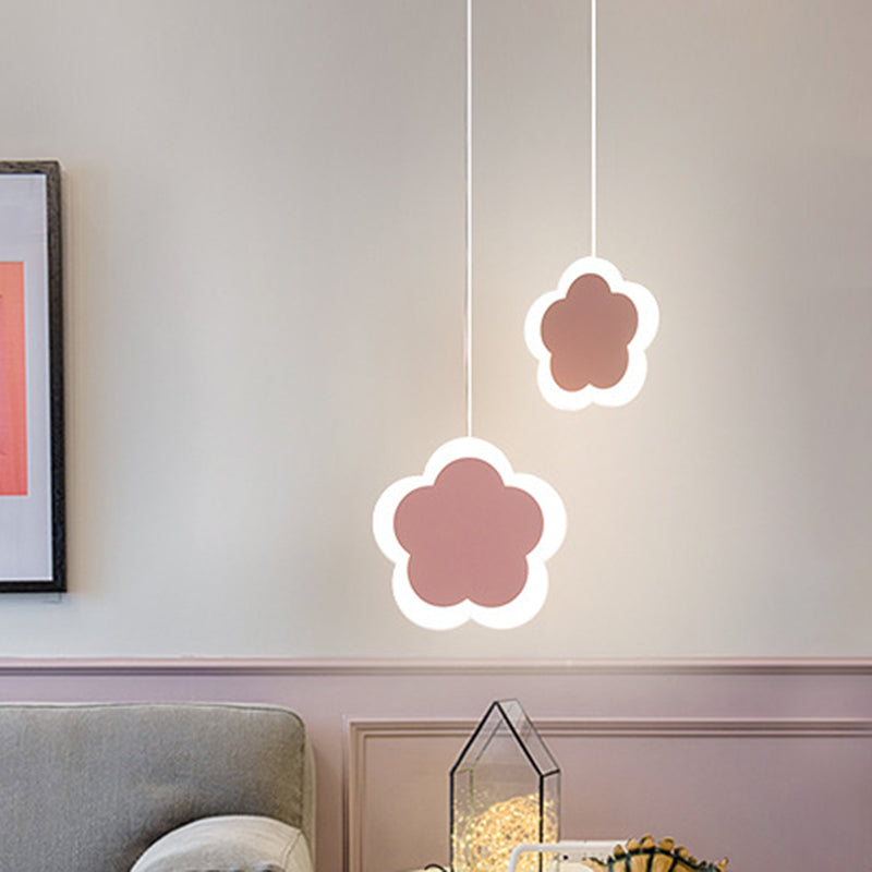 Childrens Led Pendant Light: White/Pink Flower Heart Butterfly Design With Acrylic Shade