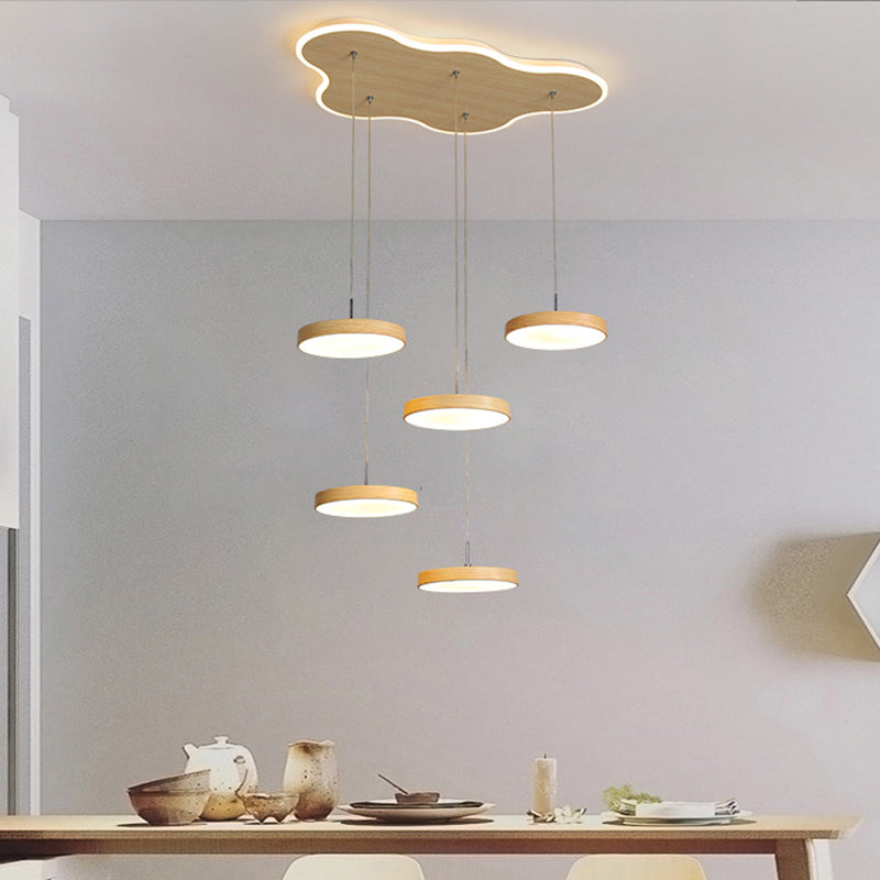Nordic Cluster Pendant Light Fixture: Wood Disc Design 3/5-Head Metal Hanging With Glowing Canopy