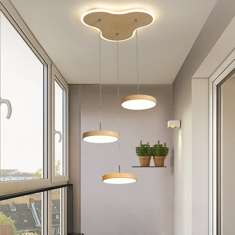Nordic Cluster Pendant Light Fixture: Wood Disc Design 3/5-Head Metal Hanging With Glowing Canopy