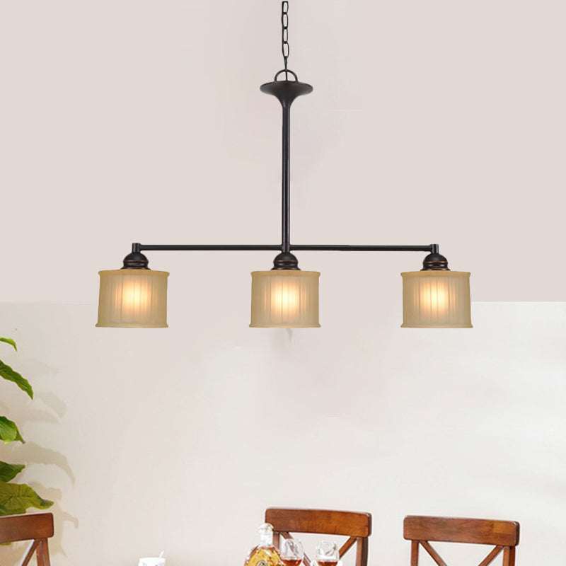 Traditional Black Glass Drum Island Light with 3 Heads - Small Size Perfect for Dining Room