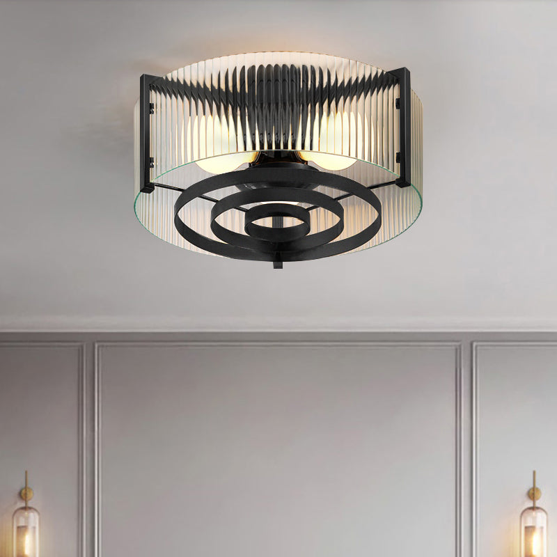 Modernist Black Glass Round Flushmount - Clear Trellis/Stripe - 3 Bulbs - Bedroom Flush Mounted Light
