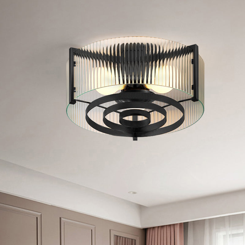 Modernist Black Glass Round Flushmount - Clear Trellis/Stripe - 3 Bulbs - Bedroom Flush Mounted Light