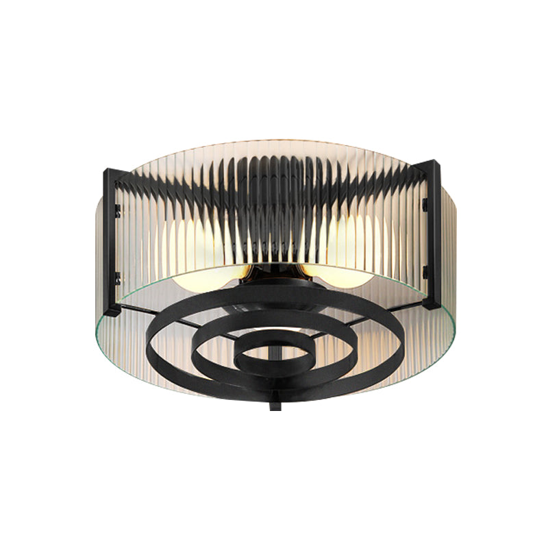 Modernist Black Glass Round Flushmount - Clear Trellis/Stripe - 3 Bulbs - Bedroom Flush Mounted Light