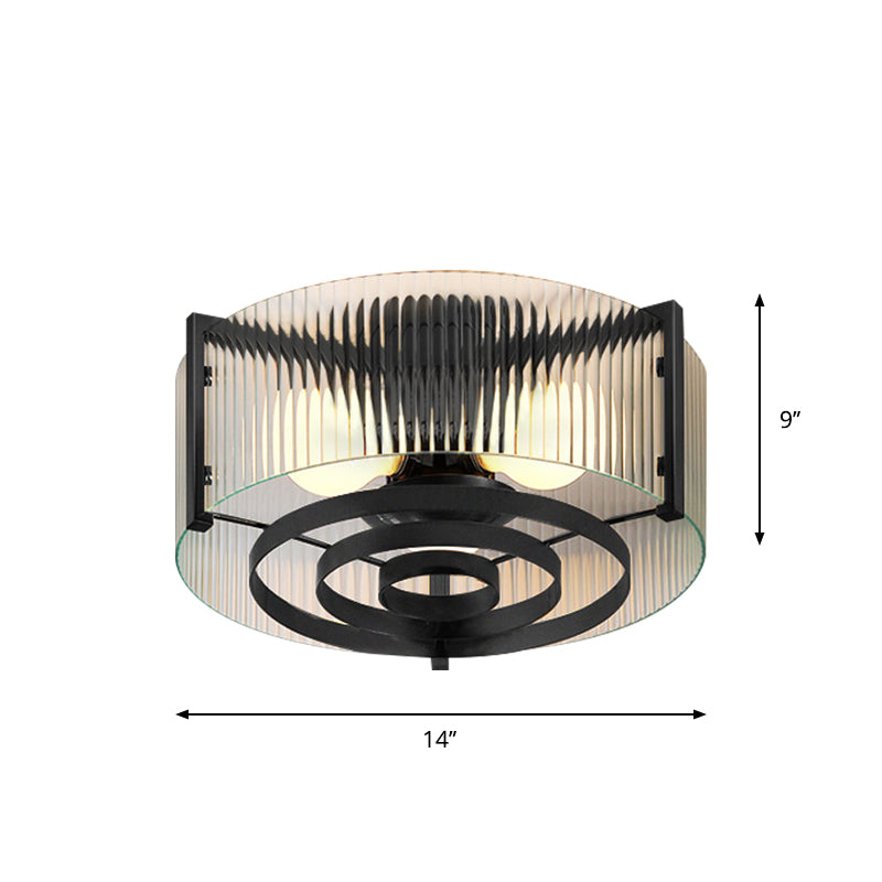 Modernist Black Glass Round Flushmount - Clear Trellis/Stripe - 3 Bulbs - Bedroom Flush Mounted Light