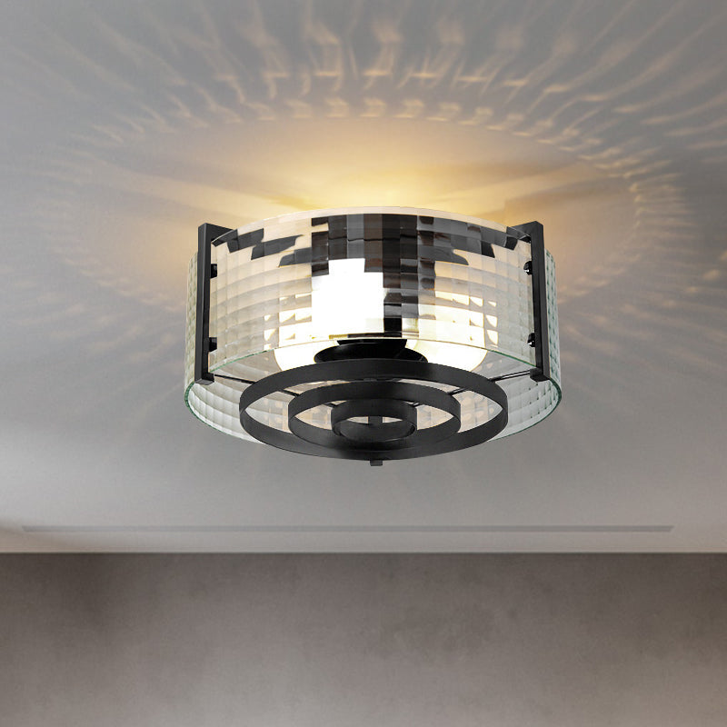 Modernist Black Glass Round Flushmount - Clear Trellis/Stripe 3 Bulbs Bedroom Flush Mounted Light /