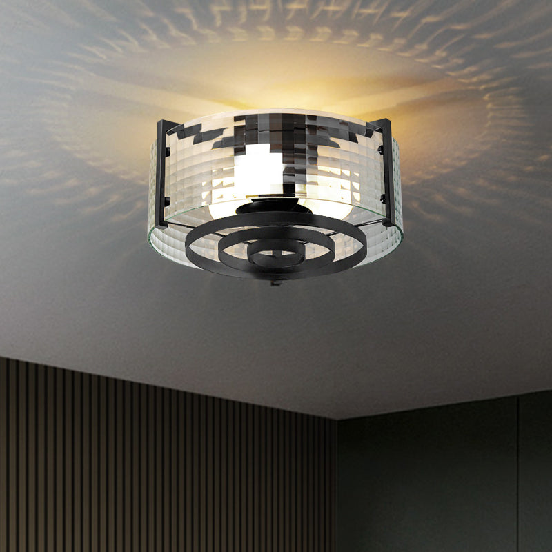 Modernist Black Glass Round Flushmount - Clear Trellis/Stripe - 3 Bulbs - Bedroom Flush Mounted Light