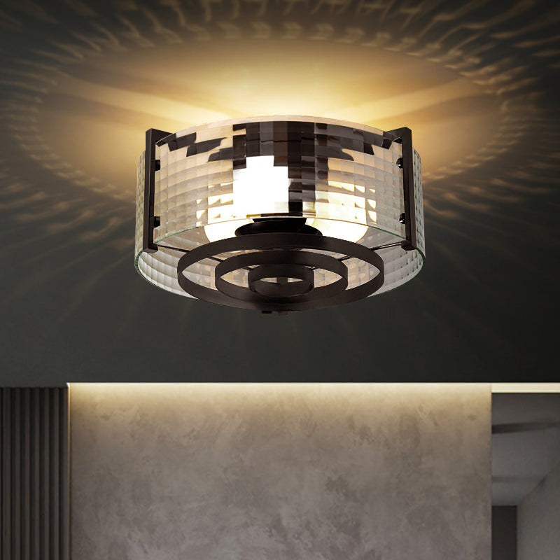 Modernist Black Glass Round Flushmount - Clear Trellis/Stripe - 3 Bulbs - Bedroom Flush Mounted Light