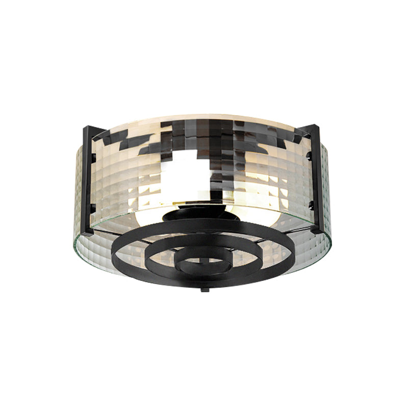 Modernist Black Glass Round Flushmount - Clear Trellis/Stripe - 3 Bulbs - Bedroom Flush Mounted Light