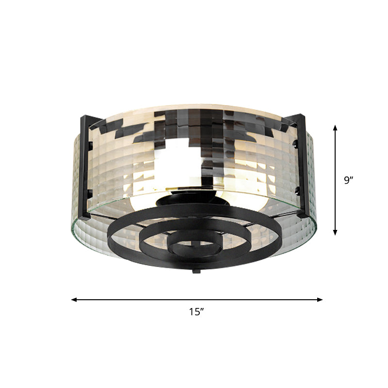 Modernist Black Glass Round Flushmount - Clear Trellis/Stripe - 3 Bulbs - Bedroom Flush Mounted Light