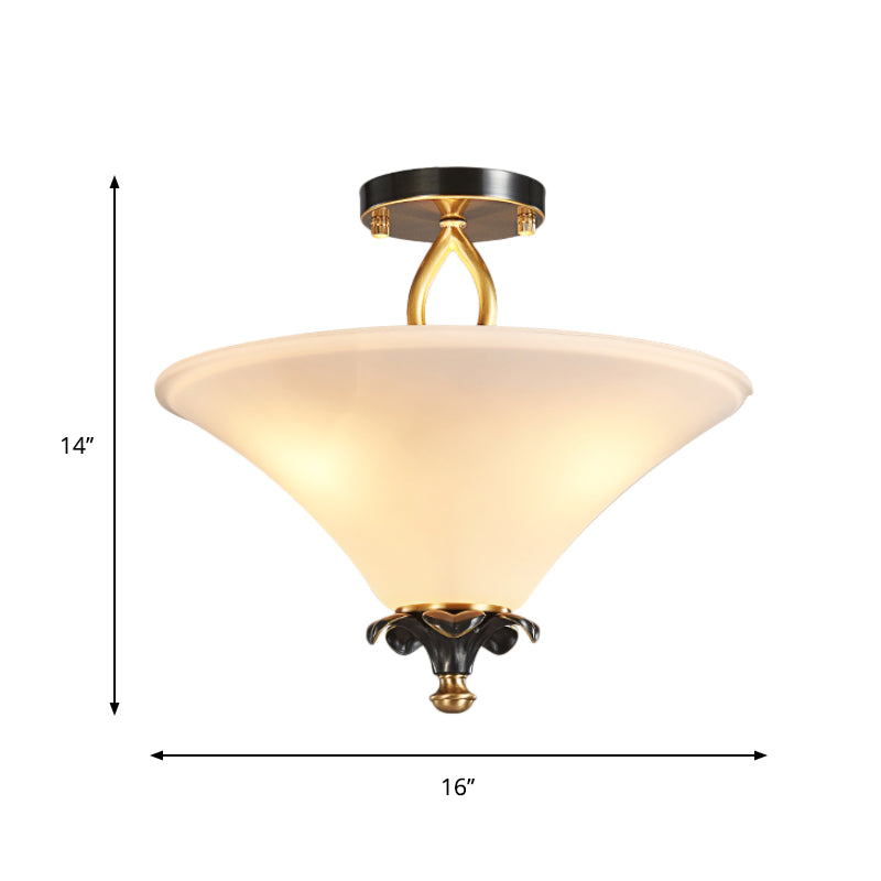 Lampe semi-encastrée en verre blanc en forme de corne - Style campagnard avec 3 lumières pour plafond de chambre en laiton