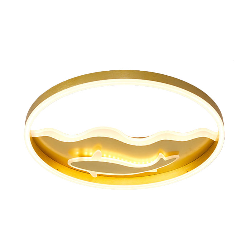 Kids Style Super Thin LED Flush-Mount Ceiling Light with Fish/Apple Pattern in Gold - Acrylic Bedroom Fixture