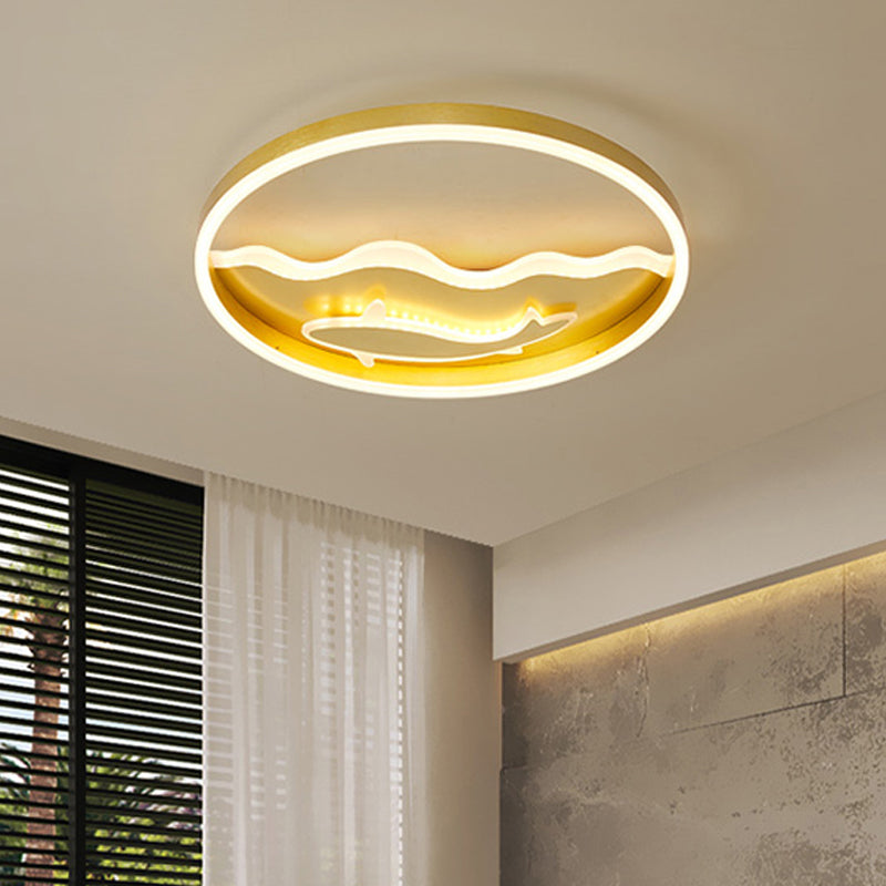 Kids Style Super Thin LED Flush-Mount Ceiling Light with Fish/Apple Pattern in Gold - Acrylic Bedroom Fixture