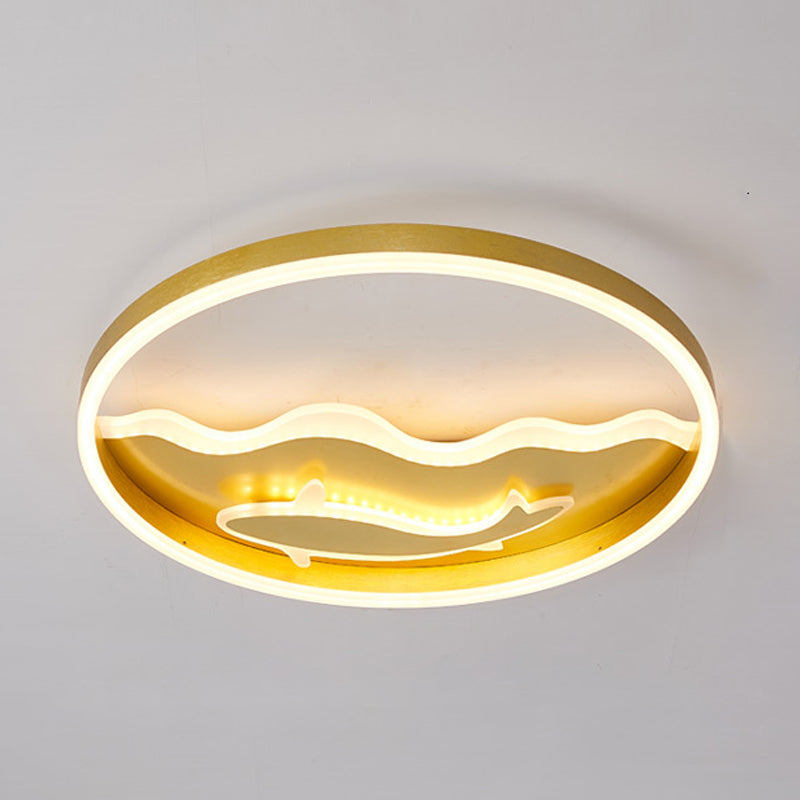 Kids Style Super Thin LED Flush-Mount Ceiling Light with Fish/Apple Pattern in Gold - Acrylic Bedroom Fixture