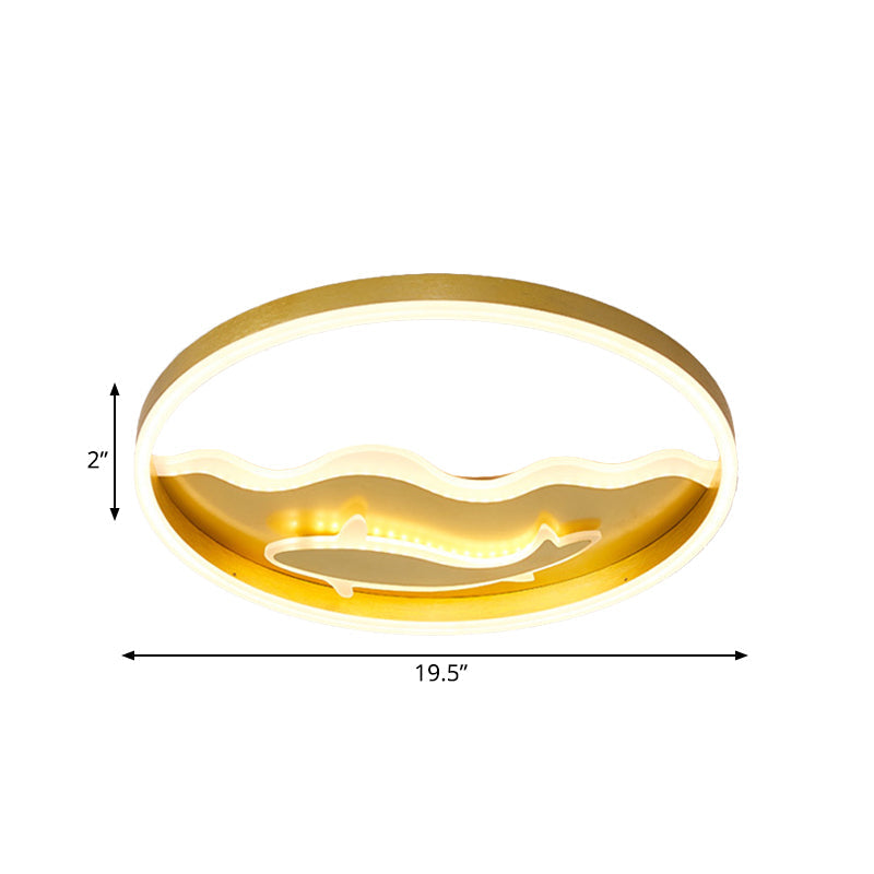 Kids Style Super Thin LED Flush-Mount Ceiling Light with Fish/Apple Pattern in Gold - Acrylic Bedroom Fixture