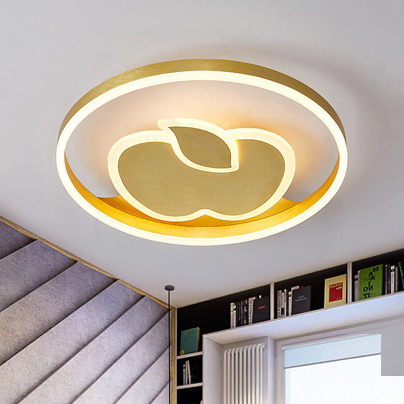 Kids Style Super Thin LED Flush-Mount Ceiling Light with Fish/Apple Pattern in Gold - Acrylic Bedroom Fixture