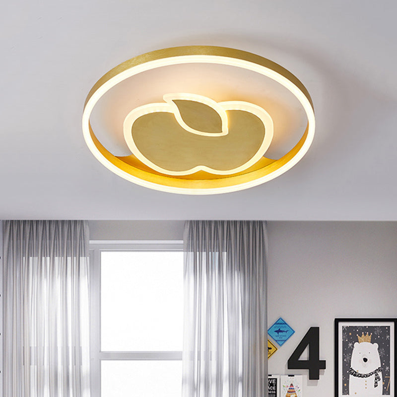 Kids Style Super Thin LED Flush-Mount Ceiling Light with Fish/Apple Pattern in Gold - Acrylic Bedroom Fixture