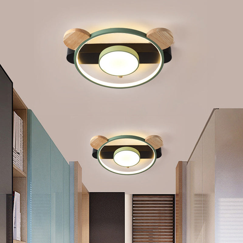 Bear Design Acrylic LED Ceiling Flush Light - Cartoon White/Green Wood Finish