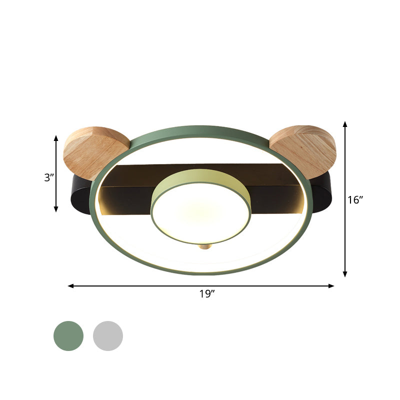 Bear Design Acrylic LED Ceiling Flush Light - Cartoon White/Green Wood Finish