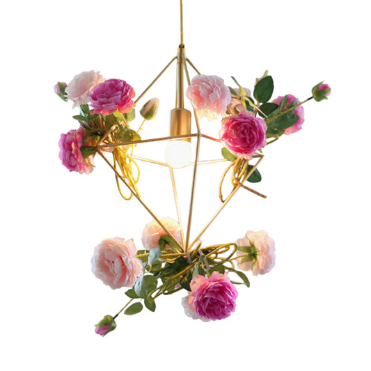 Vintage Diamond Cage Pendant Light Kit - 14"/18" H, 1-Light Metal Hanging Lamp in Gold with Faux Flower