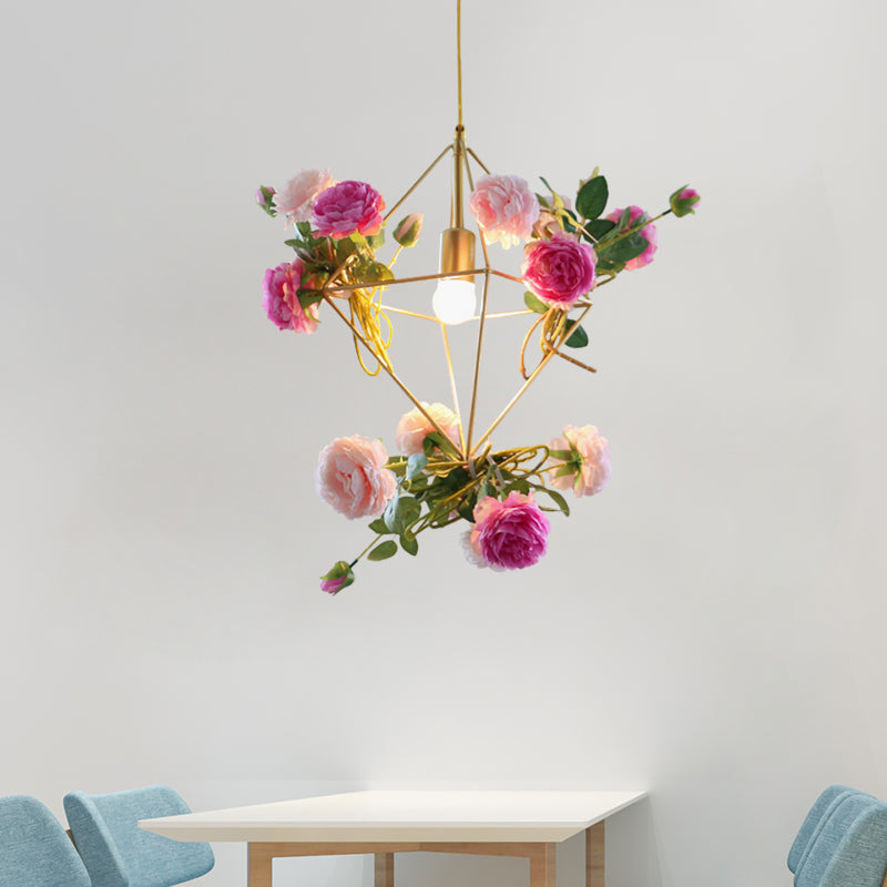 Kit de suspension vintage en forme de cage à diamants - 14"/18" H, lampe suspendue en métal à 1 ampoule en or avec fausse fleur