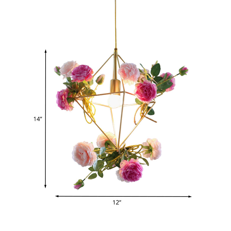 Vintage Gold Diamond Cage Pendant Light Kit - 14/18 H Dining Room Hanging Lamp With Fake Flower