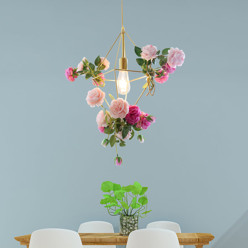 Kit de suspension vintage en forme de cage à diamants - 14"/18" H, lampe suspendue en métal à 1 ampoule en or avec fausse fleur