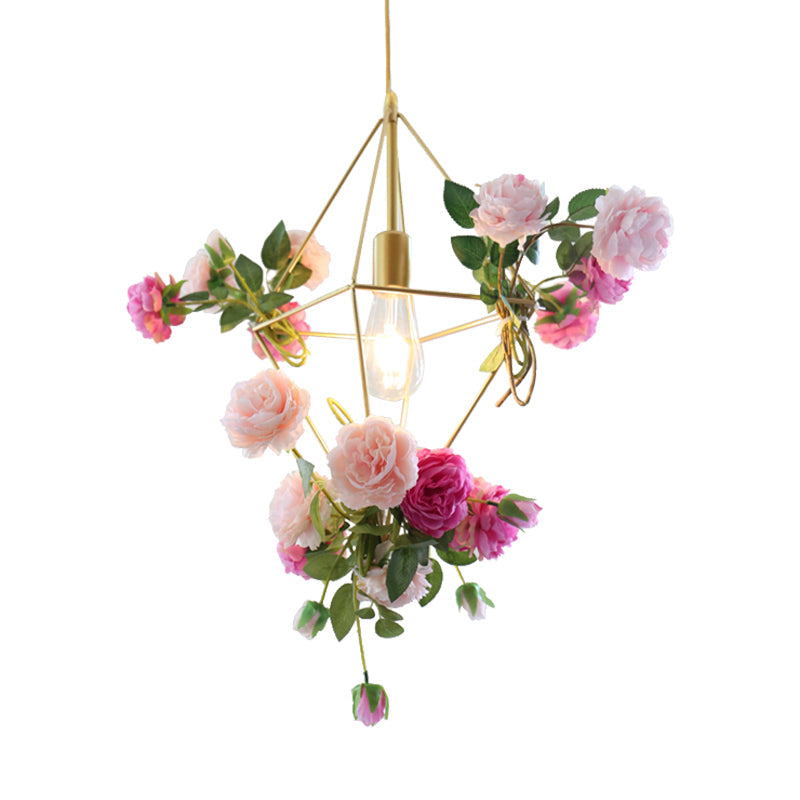 Kit de suspension vintage en forme de cage à diamants - 14"/18" H, lampe suspendue en métal à 1 ampoule en or avec fausse fleur