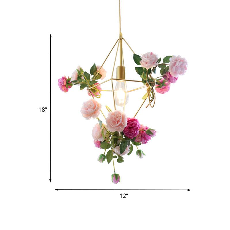 Kit de suspension vintage en forme de cage à diamants - 14"/18" H, lampe suspendue en métal à 1 ampoule en or avec fausse fleur