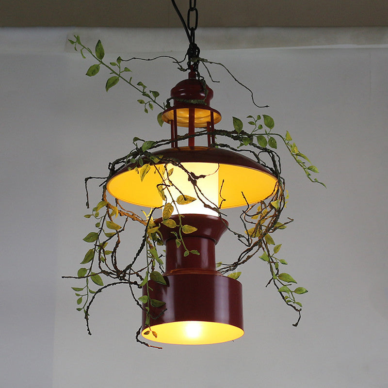 Plafonnier suspendu en métal bordeaux avec abat-jour tambour - Lampe suspendue de style ferme avec accessoire pour fausse plante