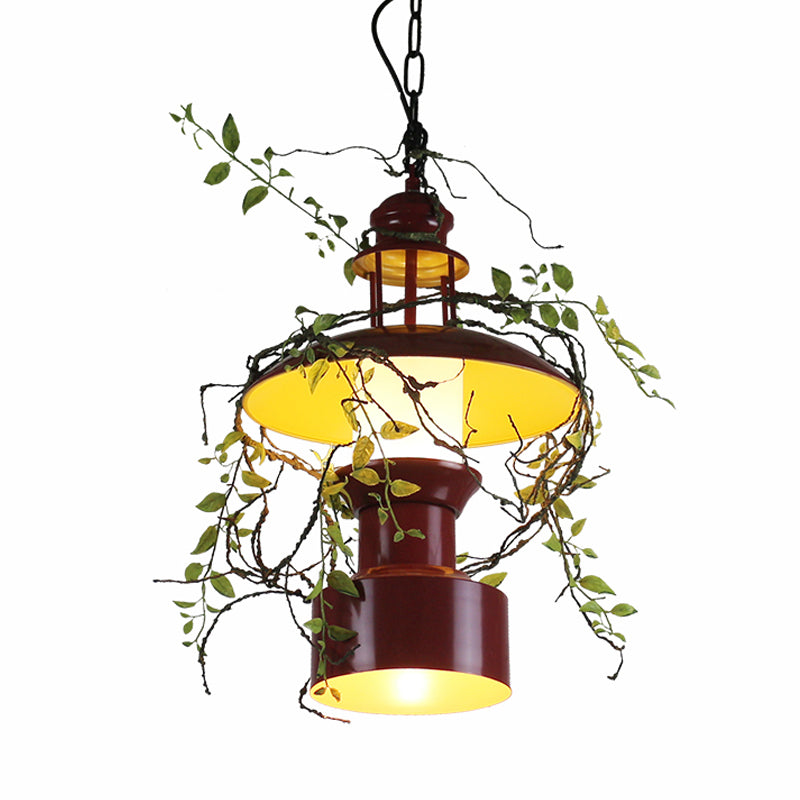 Plafonnier suspendu en métal bordeaux avec abat-jour tambour - Lampe suspendue de style ferme avec accessoire pour fausse plante