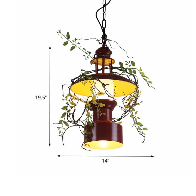 Plafonnier suspendu en métal bordeaux avec abat-jour tambour - Lampe suspendue de style ferme avec accessoire pour fausse plante