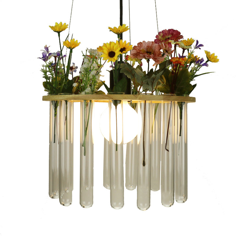 Plafonnier tubulaire beige Loft en verre transparent avec cercle en bois - 12"/19,5" L - 1 tête de suspension pour plantes