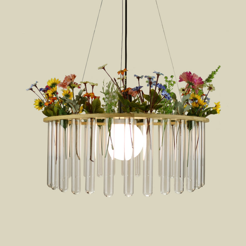 Plafonnier tubulaire beige Loft en verre transparent avec cercle en bois - 12"/19,5" L - 1 tête de suspension pour plantes