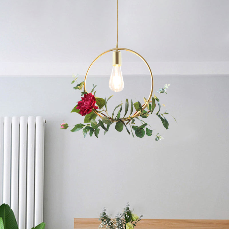 Gold Drop Pendant with Iron Frame and Fake Rose
