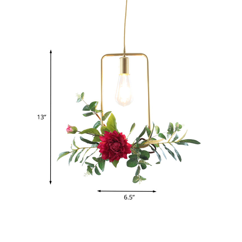Gold Drop Pendant Iron Triangle/Square/Rectangle Farm Frame Suspension Lighting With Faux Rose