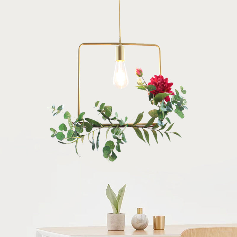 Gold Drop Pendant Iron Triangle/Square/Rectangle Farm Frame Suspension Lighting With Faux Rose /