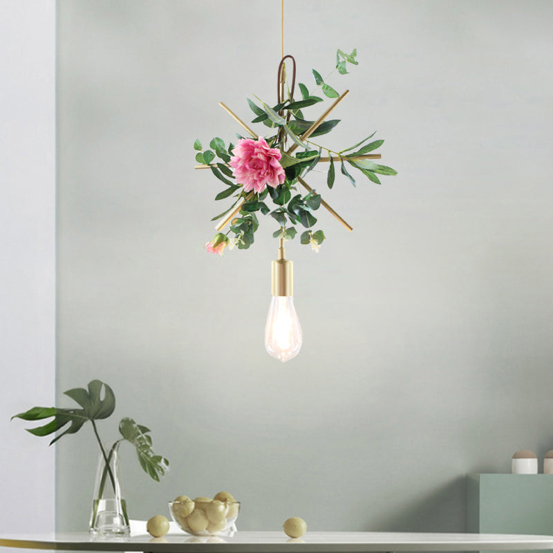 Suspension métallique moderne : 1 ampoule style loft champagne avec design unique en triangle/rond/carré pour plafond de salon, avec décoration de fleurs artificielles