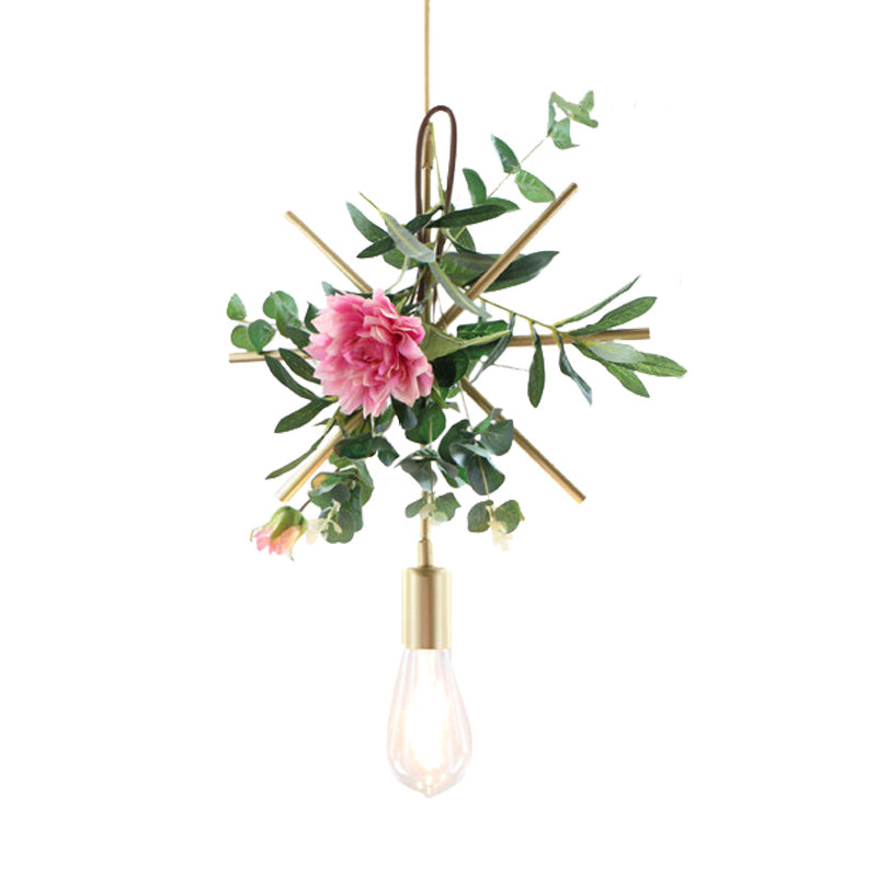Suspension métallique moderne : 1 ampoule style loft champagne avec design unique en triangle/rond/carré pour plafond de salon, avec décoration de fleurs artificielles