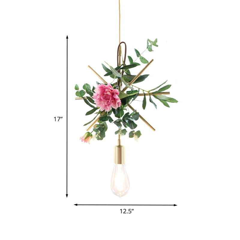 Suspension métallique moderne : 1 ampoule style loft champagne avec design unique en triangle/rond/carré pour plafond de salon, avec décoration de fleurs artificielles