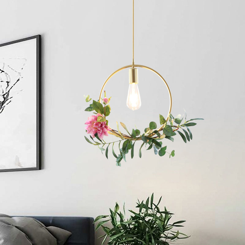 Suspension métallique moderne : 1 ampoule style loft champagne avec design unique en triangle/rond/carré pour plafond de salon, avec décoration de fleurs artificielles