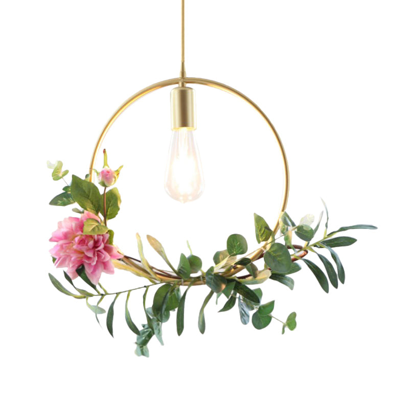 Suspension métallique moderne : 1 ampoule style loft champagne avec design unique en triangle/rond/carré pour plafond de salon, avec décoration de fleurs artificielles