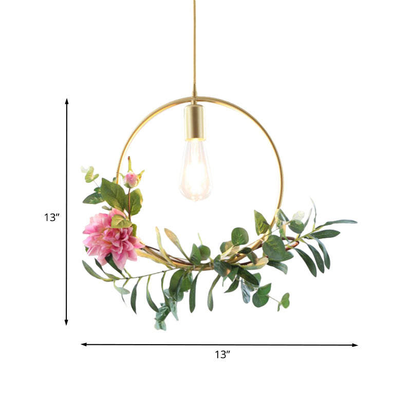 Suspension métallique moderne : 1 ampoule style loft champagne avec design unique en triangle/rond/carré pour plafond de salon, avec décoration de fleurs artificielles